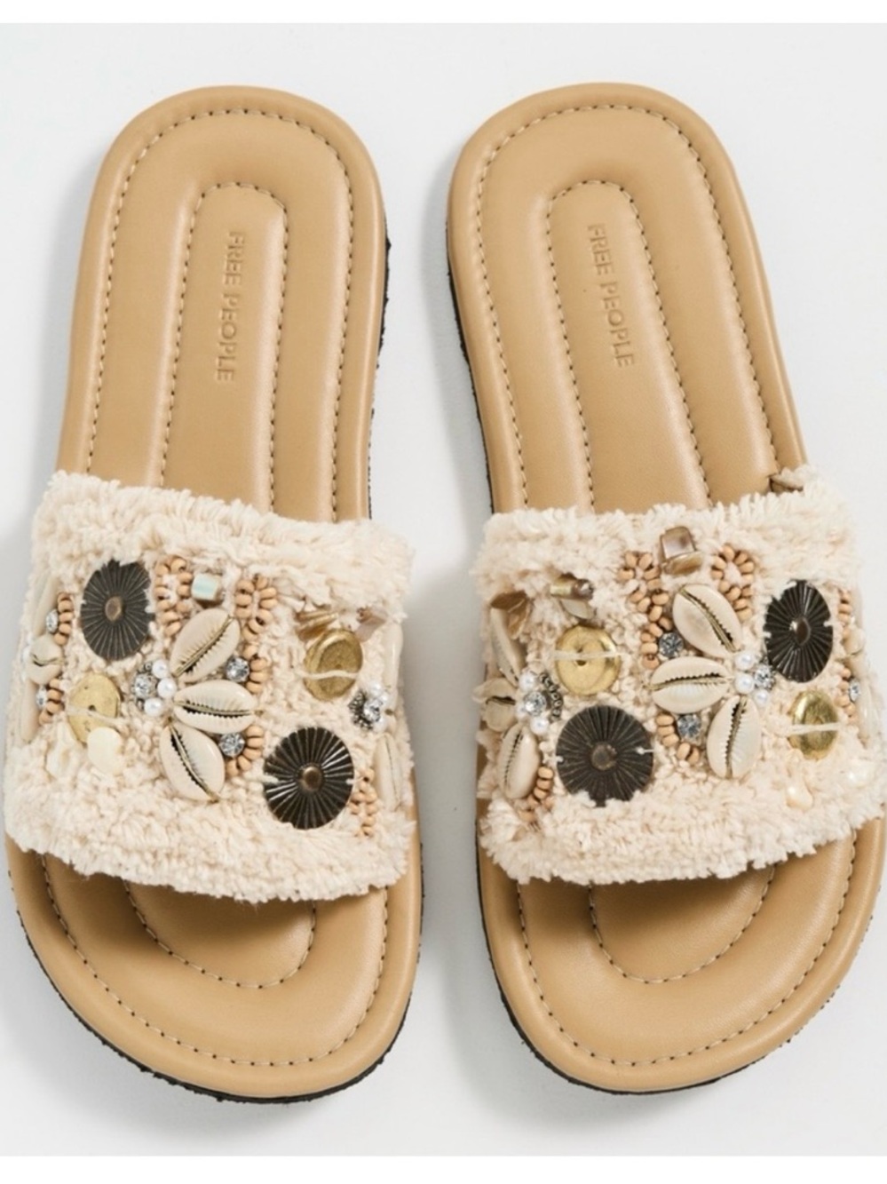 New never worn! Free People Tan Embellished Shearling Slide Sandals - Picture 2 of 4